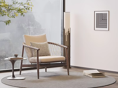 Rattan Accent Chair With Wooden Frame Beige Cushion And Side Table Floor Lamp Wall Art 3d model