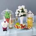 Assorted Fresh Fruits Including Peaches Grapes and Apples on Marble Tray with Blue Tablecloth