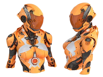 Orange Smart Machine Armor Helmet Design With Front Side Views And Mechanical Components 3d model
