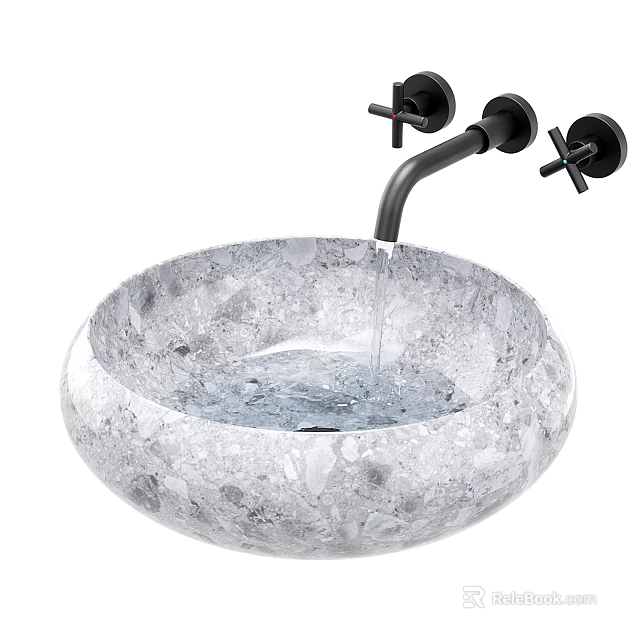 Transparent Textured Crystal Washbasin With Black Wall Mounted Faucet And Flowing Water 3d model 