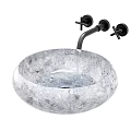 Transparent Textured Crystal Washbasin With Black Wall Mounted Faucet And Flowing Water