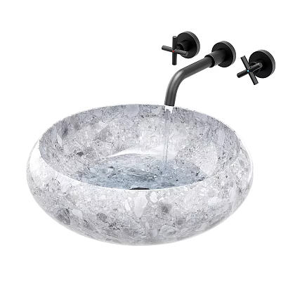 Transparent Textured Crystal Washbasin With Black Wall Mounted Faucet And Flowing Water 3d model
