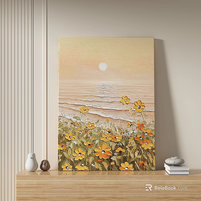 Decorative Coastal Oil Painting With Sun Ocean Waves And Yellow Flowers 3d model 