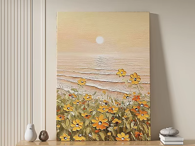 Decorative Coastal Oil Painting With Sun Ocean Waves And Yellow Flowers 3d model