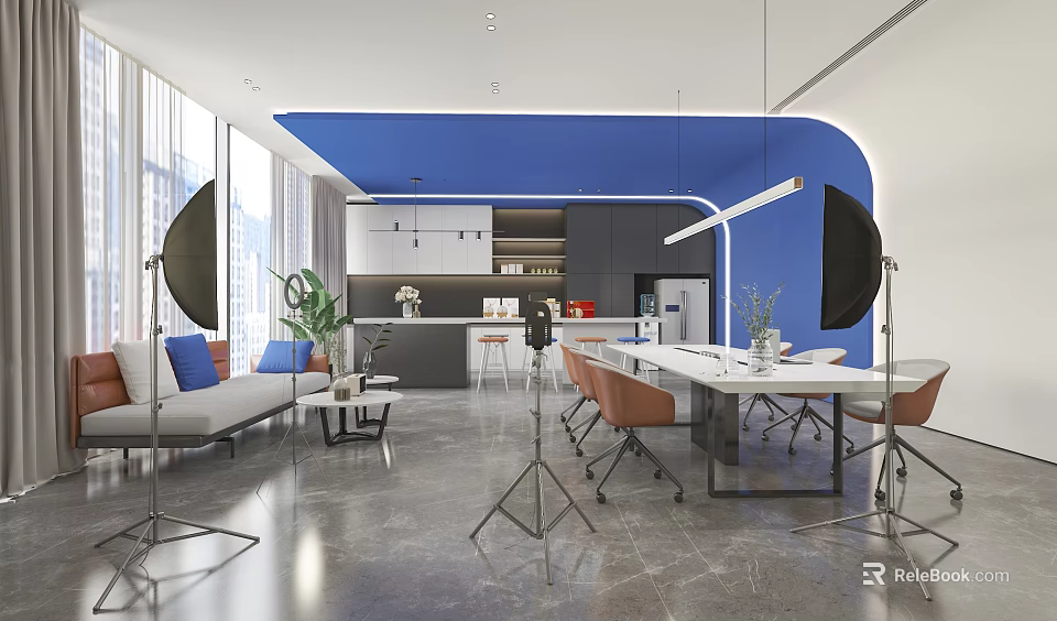 Public Office Space Interior With Open Layout Modern Desks Chairs And Blue Ceiling 3d model