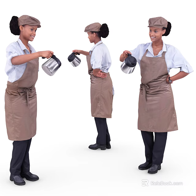Three Women Baristas in Brown Aprons Holding Coffee Pots in Different Poses 3d model 