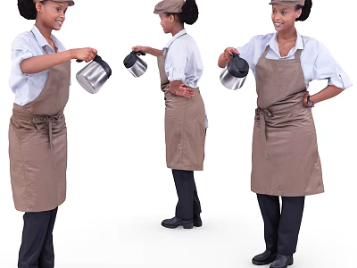 Three Women Baristas in Brown Aprons Holding Coffee Pots in Different Poses 3d model