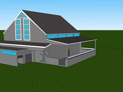 Modern Detached House With Gray Exterior Black Roof And Large Windows On Green Lawn 3d model