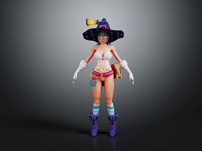 Wizard Girl Character With Purple Hat And Small Creature Companion In Colorful Outfit 3d model