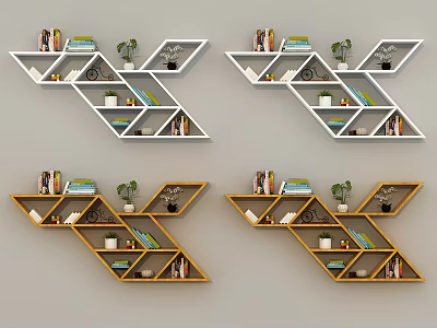 Modern Wall Mounted Bookshelves In White And Wooden With Books Plants And Decorative Items 3d model