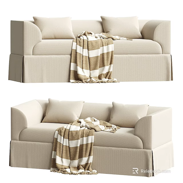 Beige Two Seater Sofa With Armrests Brown And White Striped Blanket Fabric Cushions 3d model 