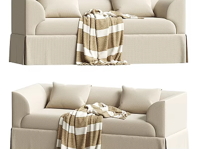 Beige Two Seater Sofa With Armrests Brown And White Striped Blanket Fabric Cushions 3d model