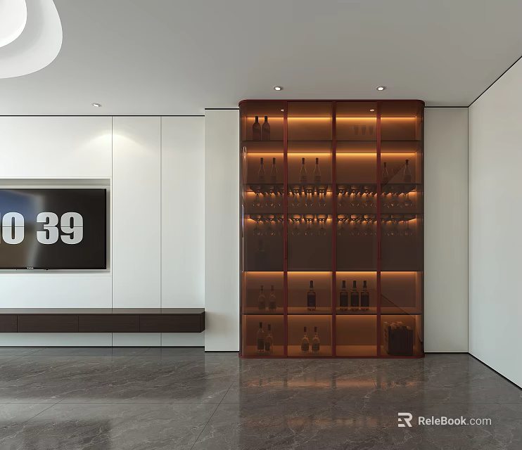 Modern Sleek Glass Wine Cabinet With Warm Ambient Lighting For Minimalist Stylish Living Room 3d model 