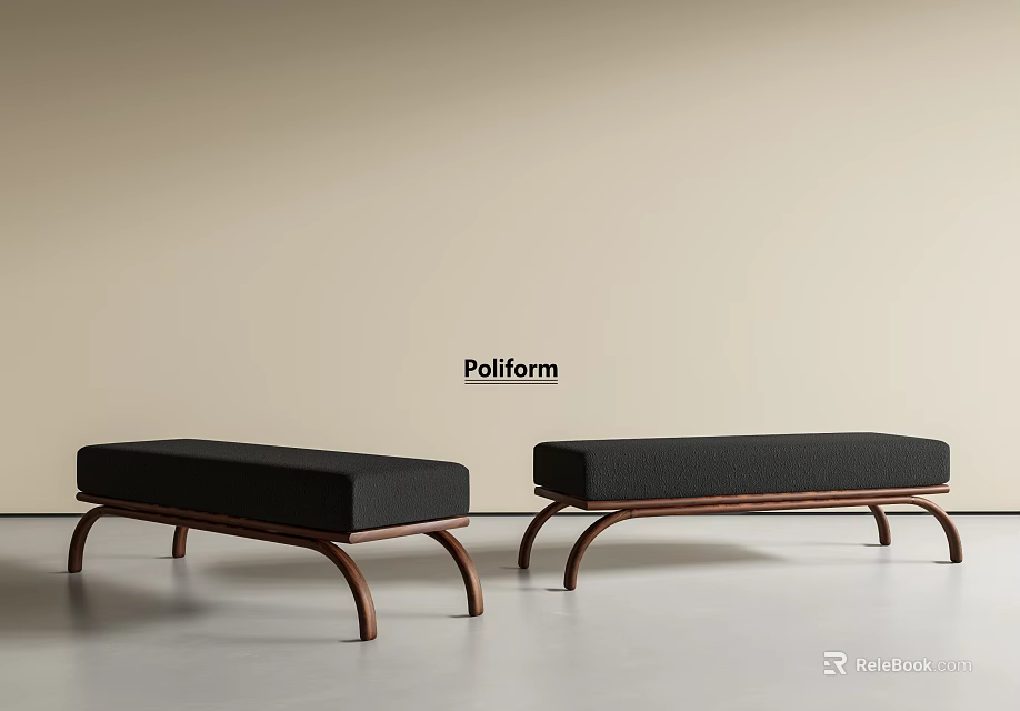 Elegant Modern Black Bed Bench Featuring Wooden Curved Legs Design 3d model 