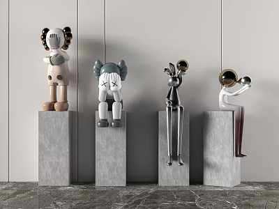 Modern Artistic Sculptures Displayed on Concrete Pedestals with Diverse Figurine Designs 3d model