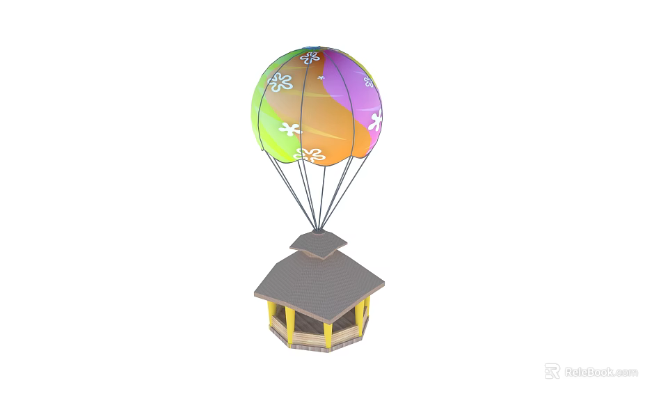 Colorful Hot Air Balloon with Floral Patterns and Small Pavilion Gray Roof Yellow Structure 3d model 