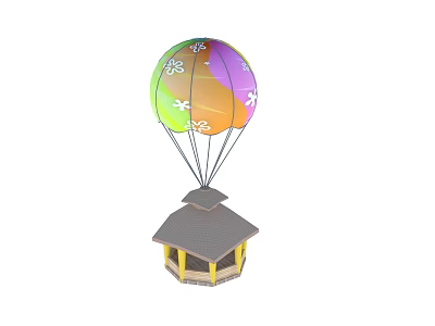 Colorful Hot Air Balloon with Floral Patterns and Small Pavilion Gray Roof Yellow Structure 3d model