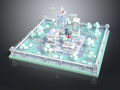 Cartoon 3D Model Scene with Square Layout Fence Small Buildings and Trees 3d model
