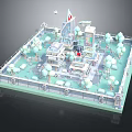 Cartoon 3D Model Scene with Square Layout Fence Small Buildings and Trees