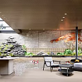 Modern Billiard Room Interior Design With Wooden Table Comfortable Seating Stone Wall And Greenery