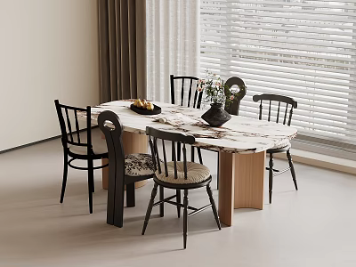 Modern Marble Top Dining Table Set With Black Chairs Vase And Fruit Platter 3d model