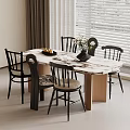 Modern Marble Top Dining Table Set With Black Chairs Vase And Fruit Platter