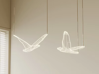 Unique White Linear Chandeliers With Artistic Bird Shapes Hanging On Light Wall Near Window 3d model