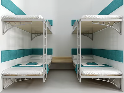 Bunk Beds with Metal Frame Green White Bedding Teal Accent Walls and Wooden Table 3d model