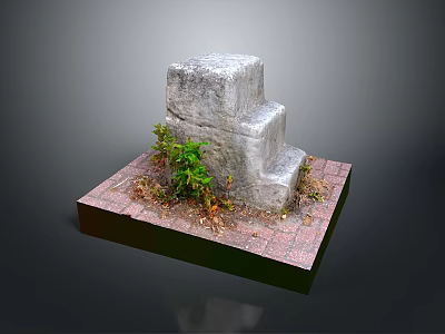 Outdoor Weathered Stone Steps On Brick Base With Green Foliage And Dry Grass 3d model