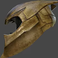 Golden Metallic Helmet With Angular Shape And Stripes Against Dark Background 3d model