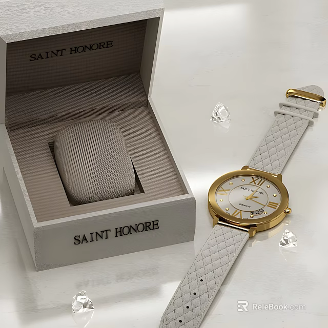 Saint Honore Luxury Watch With White Braided Strap And Gold Dial Featuring Diamonds 3d model 