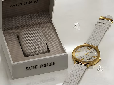 Saint Honore Luxury Watch With White Braided Strap And Gold Dial Featuring Diamonds 3d model