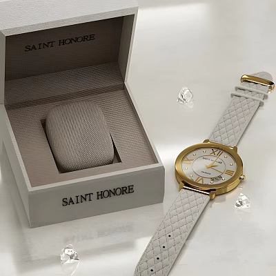 Saint Honore Luxury Watch With White Braided Strap And Gold Dial Featuring Diamonds 3d model