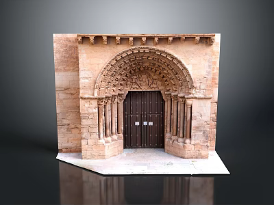 Historic Stone Gate With Arched Top Carved Decorations Wooden Door And Surrounding Stone Pillars 3d model