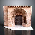 Historic Stone Gate With Arched Top Carved Decorations Wooden Door And Surrounding Stone Pillars