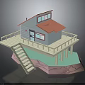 Small Cabin with Red Roof Gray Walls Wooden Deck Railings Stairs and Pink Blue Base