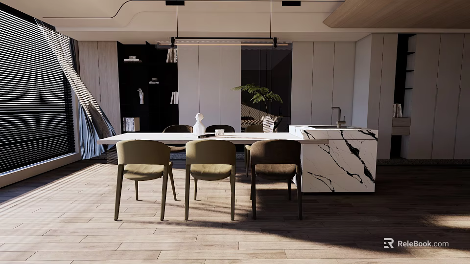 Modern Restaurant Interior Design With Marble Countertop Table Chairs Pendant Lights Plant And Wooden Flooring 3d model 