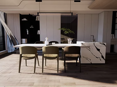 Modern Restaurant Interior Design With Marble Countertop Table Chairs Pendant Lights Plant And Wooden Flooring 3d model