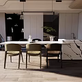 Modern Restaurant Interior Design With Marble Countertop Table Chairs Pendant Lights Plant And Wooden Flooring