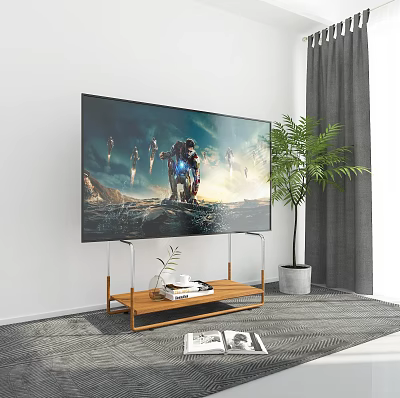 Iron Art TV Stand with Metal Legs Wooden Surface TV Green Plant and Gray Curtains 3d model