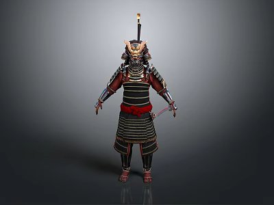 Samurai Warrior In Traditional Armor With Animal Helmet And Sword 3d model