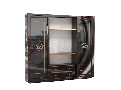 Luxury Dark Wood Bookcase With Glass Doors Gold Accents Open Shelves And Bottom Drawers 3d model