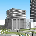 Modern Office Building Complex With Multiple Structures Green Landscaping And Pedestrian Areas