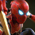 Spider Man Game Movie Character Red Suit Blue Glowing Eyes Detailed Spider Pattern Dynamic Action Pose