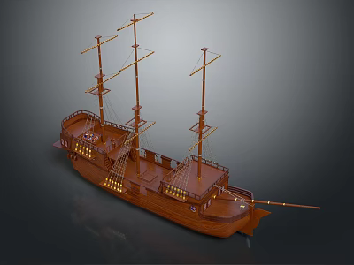 Vintage Wooden Sailing Ship Model With Multiple Masts And Detailed Wooden Structure 3d model