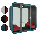 Small Private Lounge Space With Red Upholstered Casual Sofa Set And Transparent Glass Door