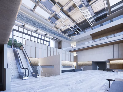 Modern Hotel Lobby Interior With Glass Windows Escalators Marble Flooring And Ceiling Design 3d model