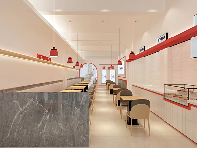 Modern Restaurant Interior With Marble Counter Red Pendant Lights Dining Tables And Chairs 3d model