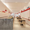 Modern Restaurant Interior With Marble Counter Red Pendant Lights Dining Tables And Chairs