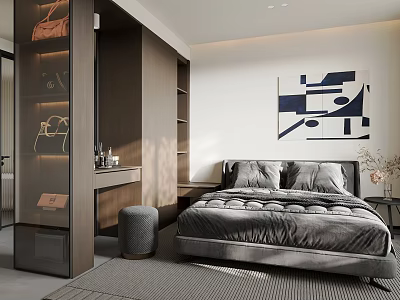 Modern Bedroom Interior With Gray Bedding Abstract Painting on Wall Wardrobe And Dressing Table 3d model